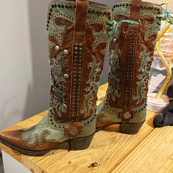 Double D Ranch Brown and Turquoise Embroidered Western Heeled Boots - Picture 3 of 8